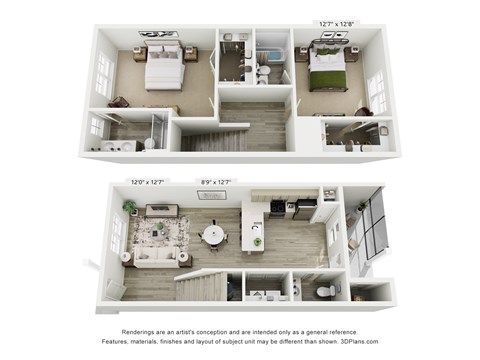 Floor plan for 2 beds, 2.5 baths, 1269 sqft